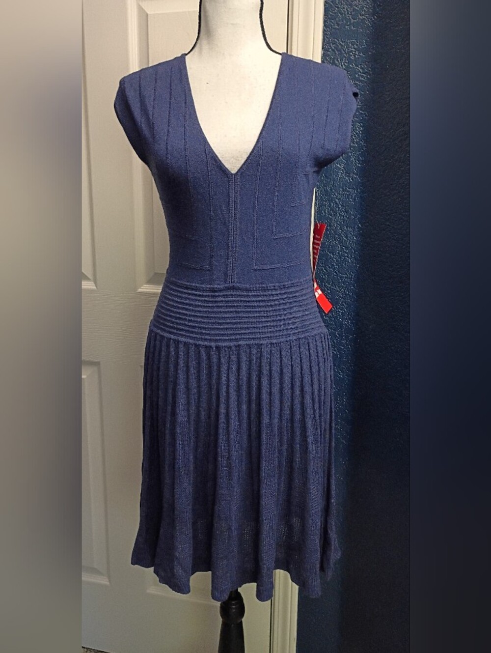 Max Studio Indigo Knit V-Neck Fit-and-Flare Midi Dress